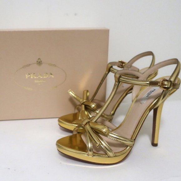 Prada Shoes - Prada Bow Sandals Gold Metallic Leather Size 39